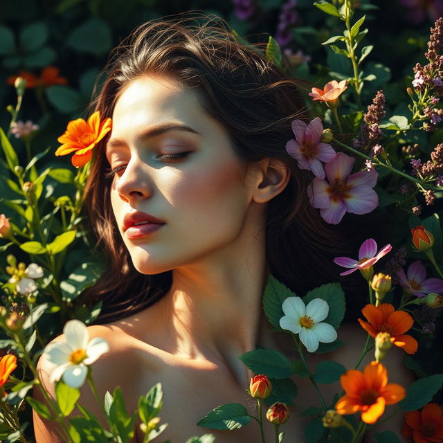 A tastefully artistic representation of a woman emotionally connected to nature, surrounded by lush greenery and vibrant flowers