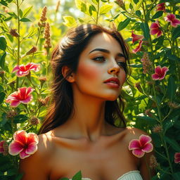 A tastefully artistic representation of a woman emotionally connected to nature, surrounded by lush greenery and vibrant flowers