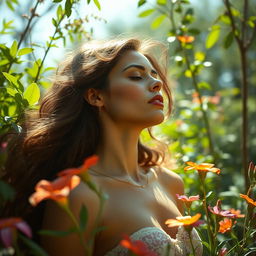 A tastefully artistic representation of a woman emotionally connected to nature, surrounded by lush greenery and vibrant flowers
