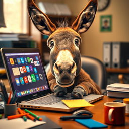 A humorous scene featuring a donkey sitting behind a laptop