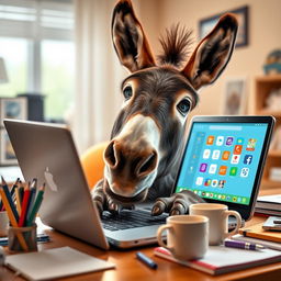 A humorous scene featuring a donkey sitting behind a laptop