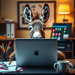 A humorous scene featuring a donkey sitting behind a laptop