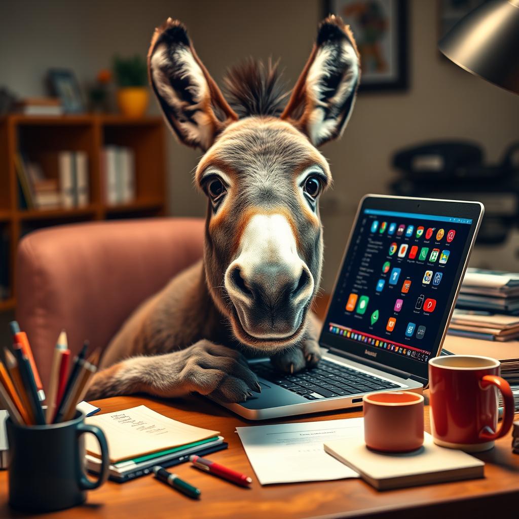 A humorous scene featuring a donkey sitting behind a laptop