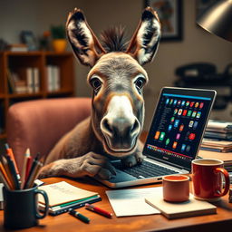 A humorous scene featuring a donkey sitting behind a laptop