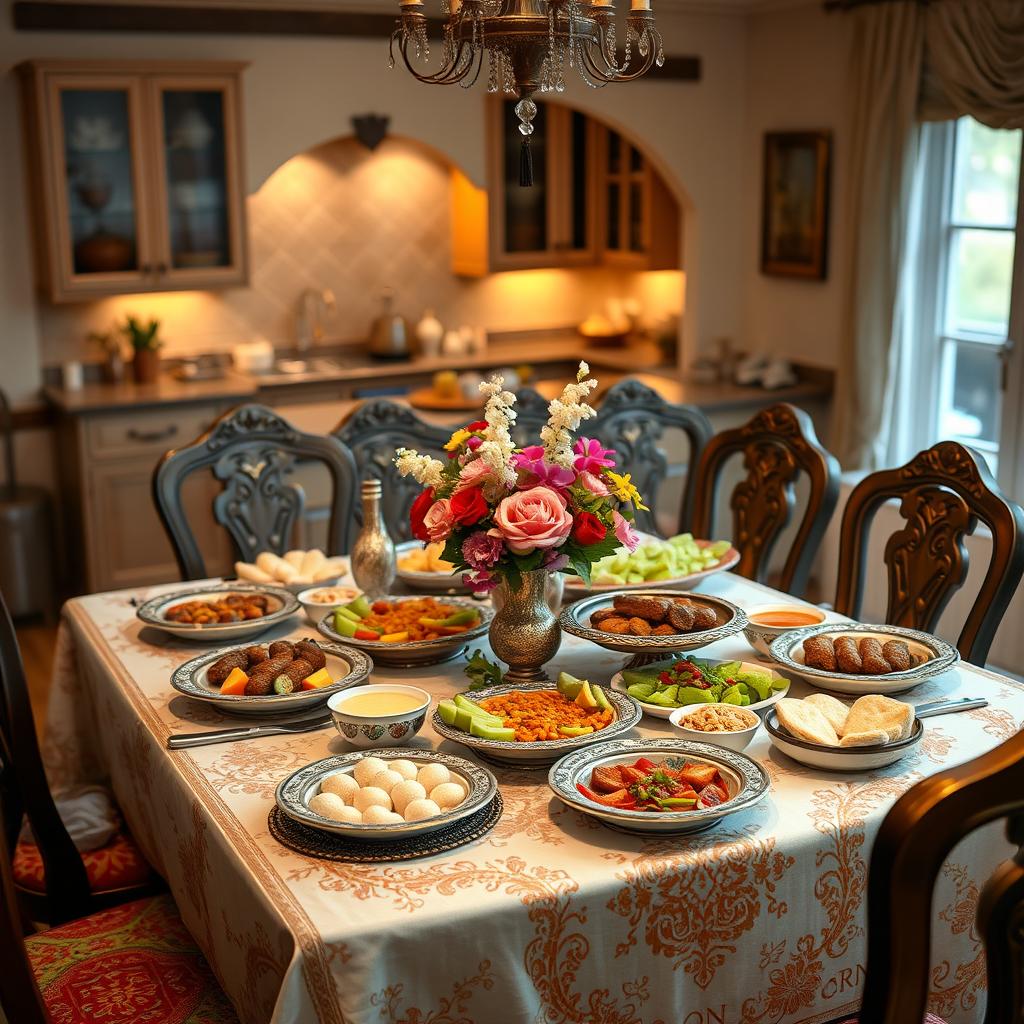 An example of a traditional Kuhbanan scene, showcasing an elegant dining table set with beautifully arranged food items