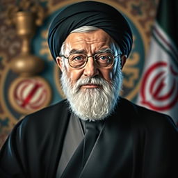A striking and compelling portrait of Ali Khamenei, the Supreme Leader of Iran, featuring his iconic attire and solemn expression