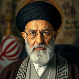 A striking and compelling portrait of Ali Khamenei, the Supreme Leader of Iran, featuring his iconic attire and solemn expression