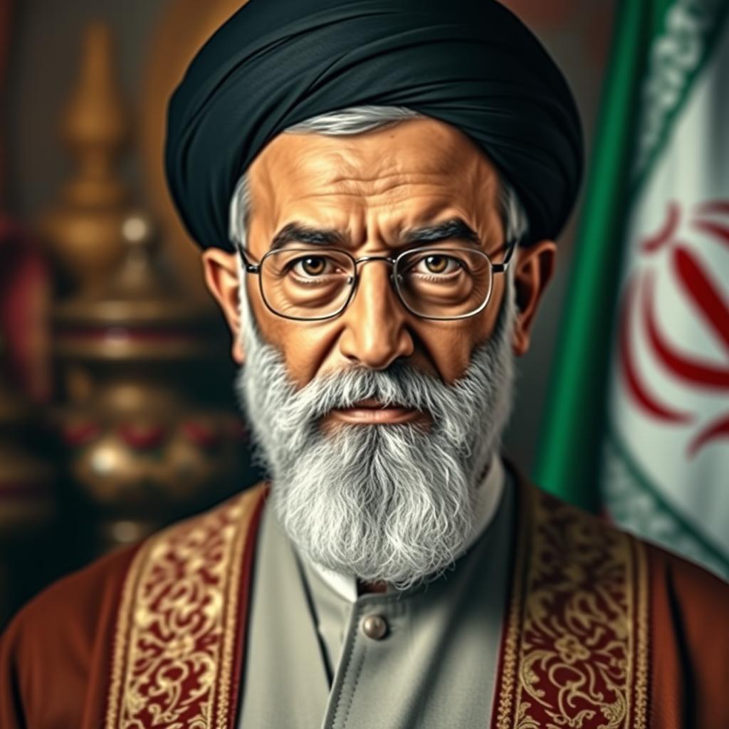 A striking and compelling portrait of Ali Khamenei, the Supreme Leader of Iran, featuring his iconic attire and solemn expression