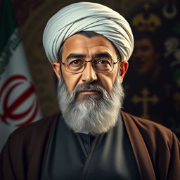 A striking and compelling portrait of Ali Khamenei, the Supreme Leader of Iran, featuring his iconic attire and solemn expression