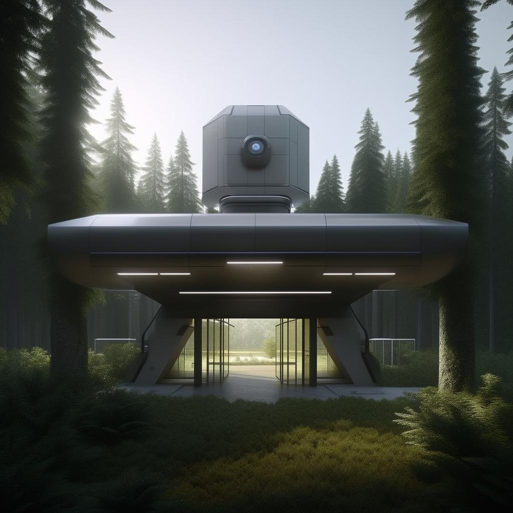 front view of entrance of futuristic maximum-security penitentiary including security cameras in the middle of forest in broad daylight based on https://files.dreamhome.software/files/static/37174