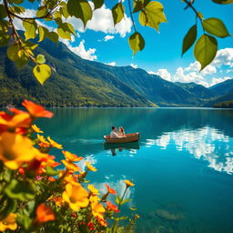 A crystal-clear view of a serene lake surrounded by lush green mountains under a bright blue sky, with fluffy white clouds reflecting in the water