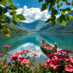 A crystal-clear view of a serene lake surrounded by lush green mountains under a bright blue sky, with fluffy white clouds reflecting in the water