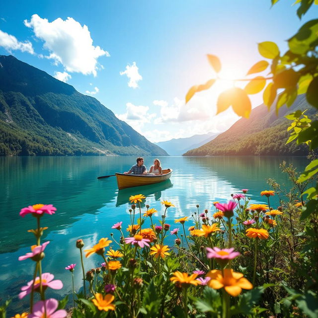 A crystal-clear view of a serene lake surrounded by lush green mountains under a bright blue sky, with fluffy white clouds reflecting in the water