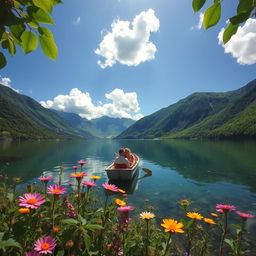 A crystal-clear view of a serene lake surrounded by lush green mountains under a bright blue sky, with fluffy white clouds reflecting in the water