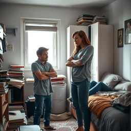 A young couple argue passionately in a small, cluttered room filled with emotional tension