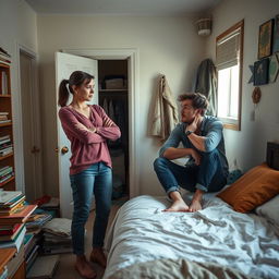 A young couple argue passionately in a small, cluttered room filled with emotional tension