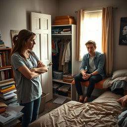 A young couple argue passionately in a small, cluttered room filled with emotional tension