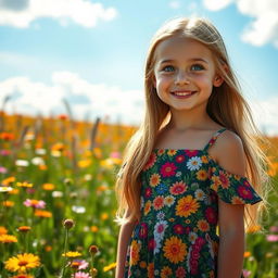 A beautiful girl with long flowing hair, wearing a vibrant floral dress, standing in a sunlit field full of colorful wildflowers
