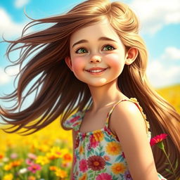 A beautiful girl with long flowing hair, wearing a vibrant floral dress, standing in a sunlit field full of colorful wildflowers