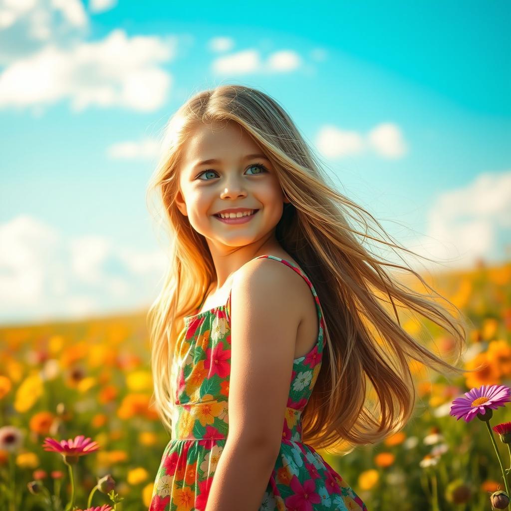 A beautiful girl with long flowing hair, wearing a vibrant floral dress, standing in a sunlit field full of colorful wildflowers