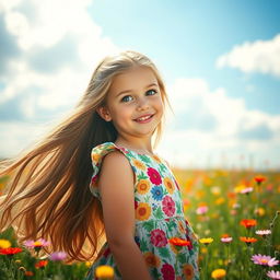 A beautiful girl with long flowing hair, wearing a vibrant floral dress, standing in a sunlit field full of colorful wildflowers