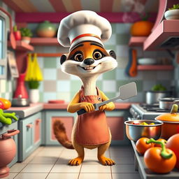 A colorful and vibrant 3D cartoon meerkat character cooking in a whimsical kitchen