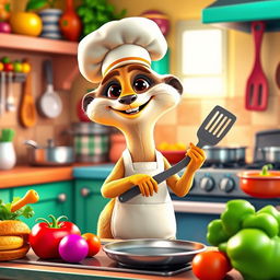 A colorful and vibrant 3D cartoon meerkat character cooking in a whimsical kitchen