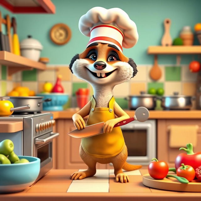 A colorful and vibrant 3D cartoon meerkat character cooking in a whimsical kitchen