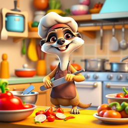 A colorful and vibrant 3D cartoon meerkat character cooking in a whimsical kitchen