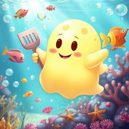 A whimsical depiction of a cartoon-style ghost resembling a well-known sea sponge, floating in a vibrant underwater environment
