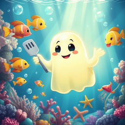 A whimsical depiction of a cartoon-style ghost resembling a well-known sea sponge, floating in a vibrant underwater environment