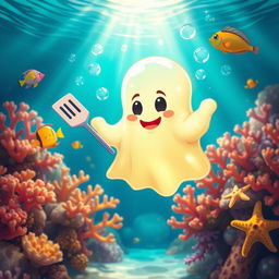 A whimsical depiction of a cartoon-style ghost resembling a well-known sea sponge, floating in a vibrant underwater environment