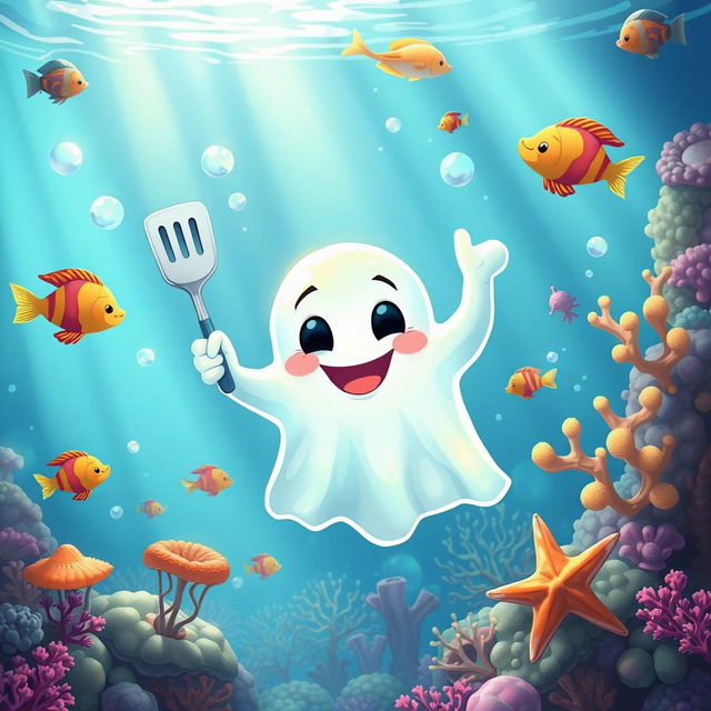 A whimsical depiction of a cartoon-style ghost resembling a well-known sea sponge, floating in a vibrant underwater environment