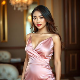 A sexy Asian woman with big boobs wearing a stunning satin dress