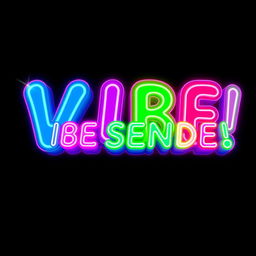 A vibrant and eye-catching 3D neon logo design featuring the phrase "VIBE SENDE!" The logo should have a glowing neon effect with a combination of bright colors like electric blue, hot pink, and vibrant green