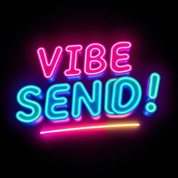 A vibrant and eye-catching 3D neon logo design featuring the phrase "VIBE SENDE!" The logo should have a glowing neon effect with a combination of bright colors like electric blue, hot pink, and vibrant green