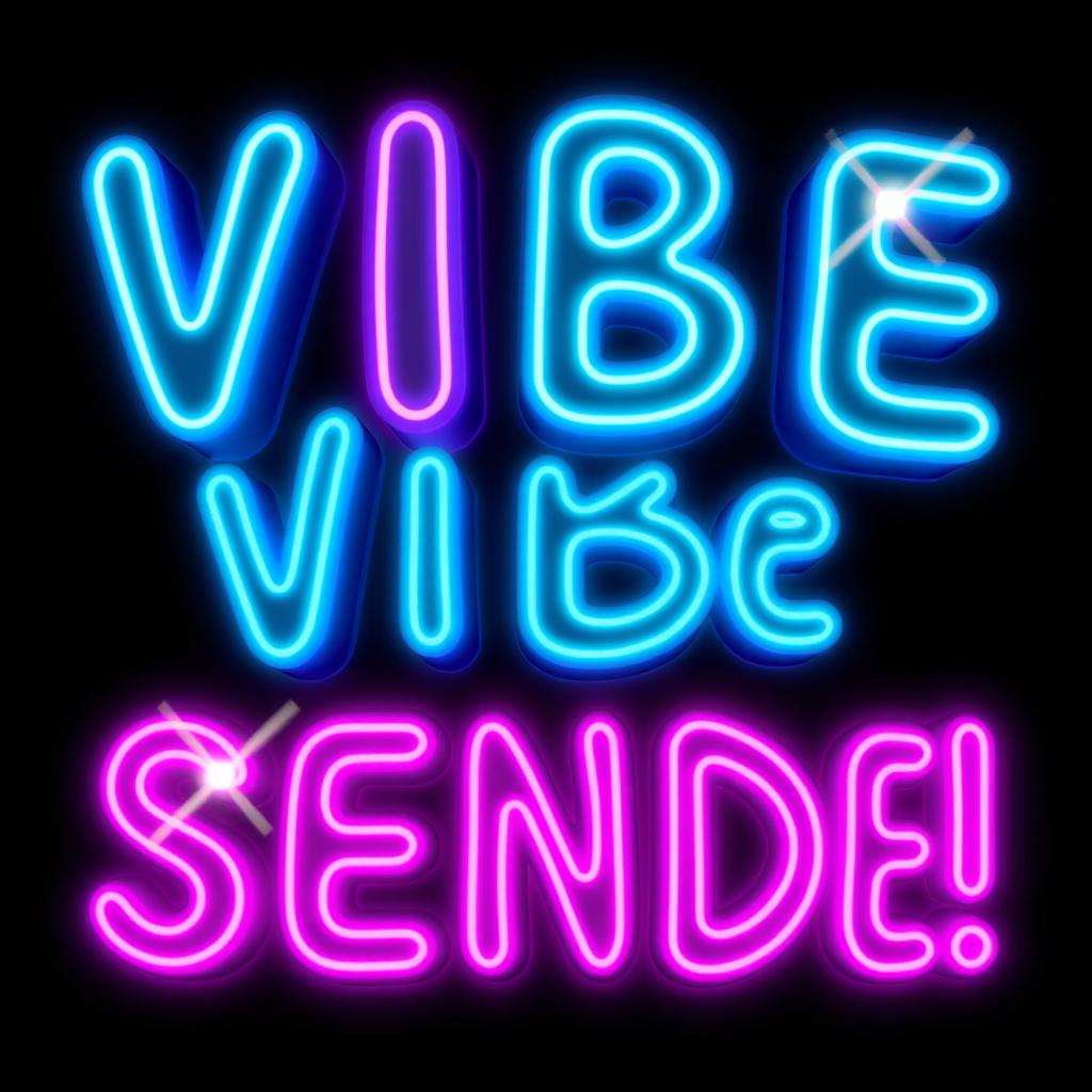 A vibrant and eye-catching 3D neon logo design featuring the phrase "VIBE SENDE!" The logo should have a glowing neon effect with a combination of bright colors like electric blue, hot pink, and vibrant green