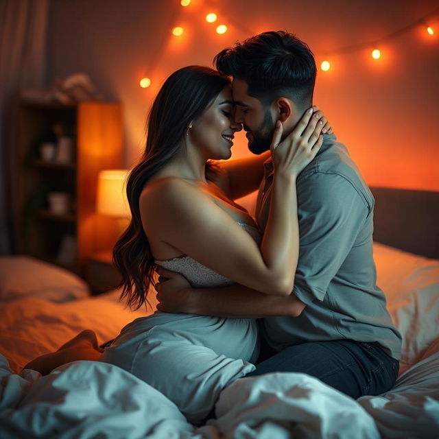 A romantic and intimate scene featuring a couple passionately embracing in a softly lit bedroom, showcasing their connection and love