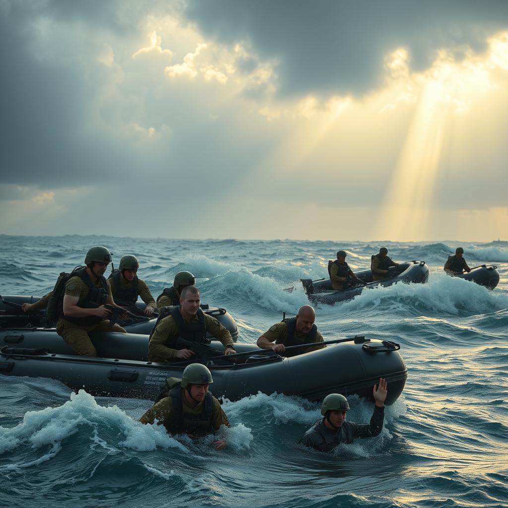 A dramatic scene depicting an army operation in an ocean setting, showcasing soldiers in tactical gear maneuvering through waves on inflatable boats