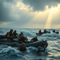 A dramatic scene depicting an army operation in an ocean setting, showcasing soldiers in tactical gear maneuvering through waves on inflatable boats