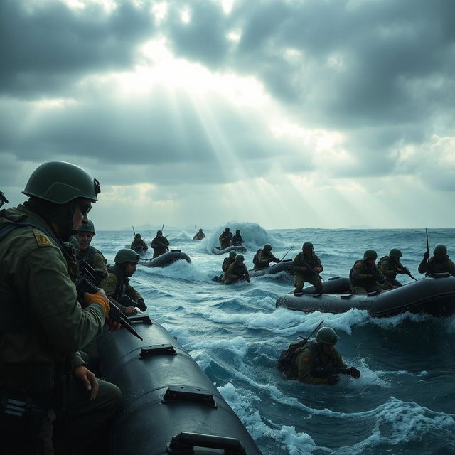 A dramatic scene depicting an army operation in an ocean setting, showcasing soldiers in tactical gear maneuvering through waves on inflatable boats