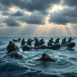 A dramatic scene depicting an army operation in an ocean setting, showcasing soldiers in tactical gear maneuvering through waves on inflatable boats