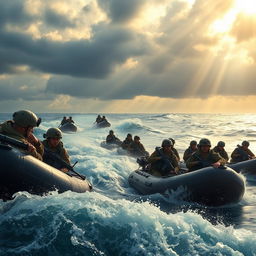 A dramatic scene depicting an army operation in an ocean setting, showcasing soldiers in tactical gear maneuvering through waves on inflatable boats