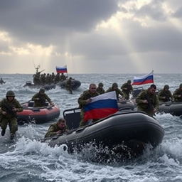 A dramatic scene depicting a Russian army operation in an ocean setting, showcasing soldiers in tactical gear maneuvering through waves on inflatable boats adorned with the Russian flag