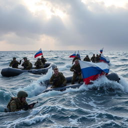 A dramatic scene depicting a Russian army operation in an ocean setting, showcasing soldiers in tactical gear maneuvering through waves on inflatable boats adorned with the Russian flag