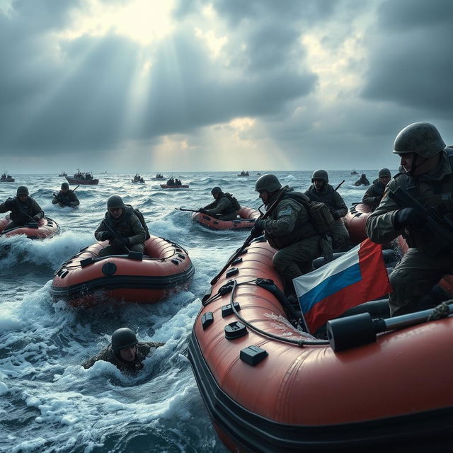A dramatic scene depicting a Russian army operation in an ocean setting, showcasing soldiers in tactical gear maneuvering through waves on inflatable boats adorned with the Russian flag