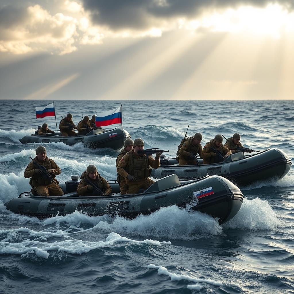 A dramatic scene depicting a Russian army operation in an ocean setting, showcasing soldiers in tactical gear maneuvering through waves on inflatable boats adorned with the Russian flag