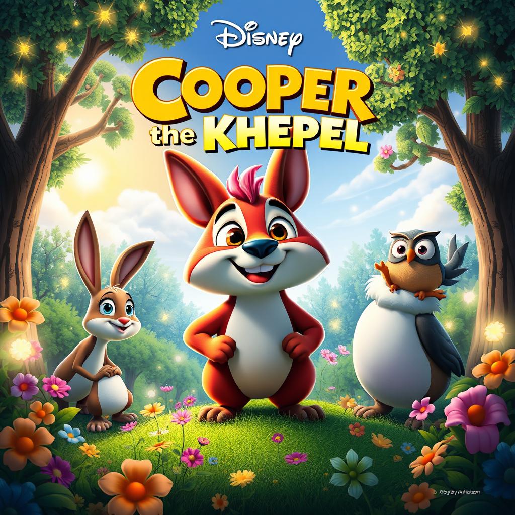 A whimsical Disney movie poster titled 'Cooper the KHEPEL', showcasing a brave and adventurous KHEPEL creature, designed with vibrant colors and a friendly expression