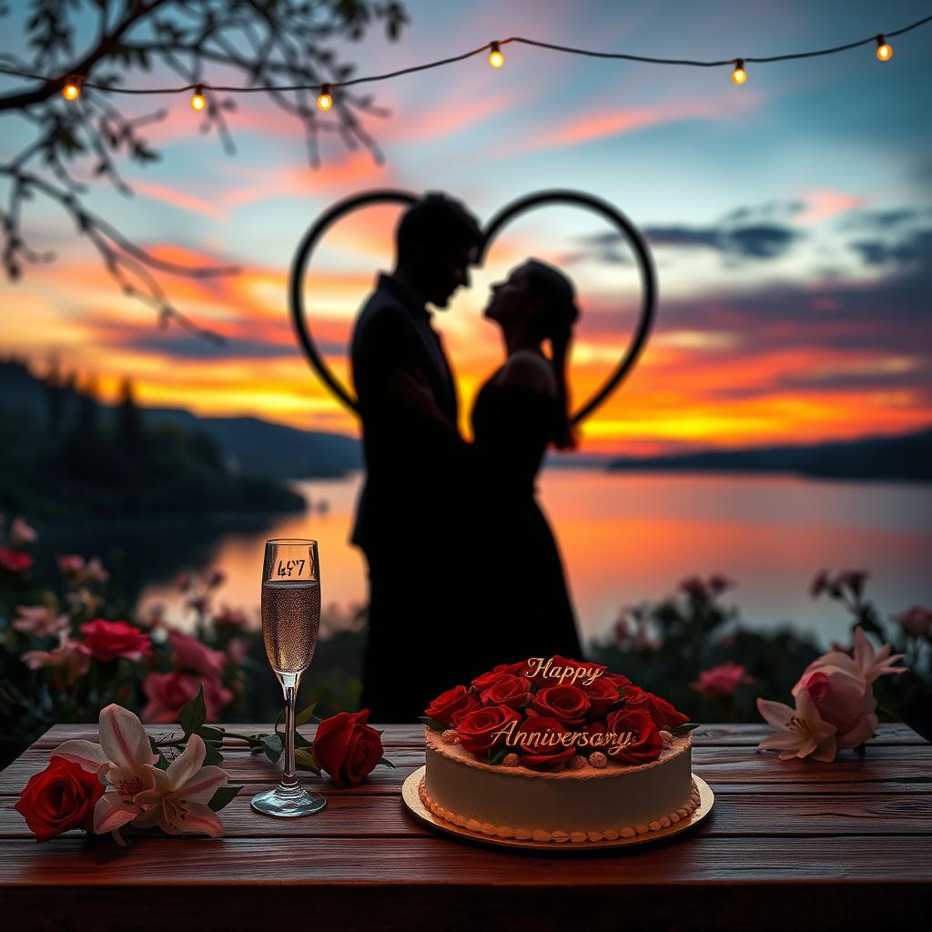 A heartfelt anniversary scene featuring a romantic setup with two intertwined hearts etched into a beautiful landscape at sunset