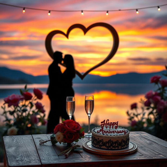 A heartfelt anniversary scene featuring a romantic setup with two intertwined hearts etched into a beautiful landscape at sunset